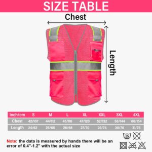 HYCOPROT High Visibility Mesh Reflective Safety Vests with Pockets and Zipper, Meets ANSI/ISEA Standards (Pink, Small)