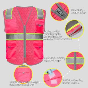 HYCOPROT High Visibility Mesh Reflective Safety Vests with Pockets and Zipper, Meets ANSI/ISEA Standards (Pink, Small)
