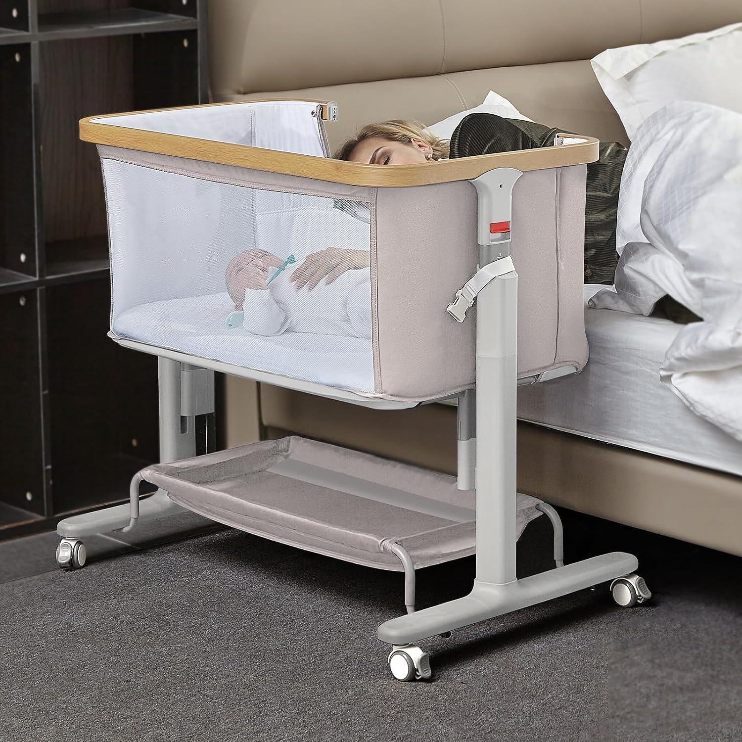 RONBEI Baby Bassinets Bedside Sleeper with Wheels 2 in 1 Easy Folding Portable bassinets with Storage Basket 10 Adjustable Height Bedside co-Sleeper for Baby Infant Newborn (Grey)