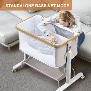 RONBEI Baby Bassinets Bedside Sleeper with Wheels 2 in 1 Easy Folding Portable bassinets with Storage Basket 10 Adjustable Height Bedside co-Sleeper for Baby Infant Newborn (Grey)