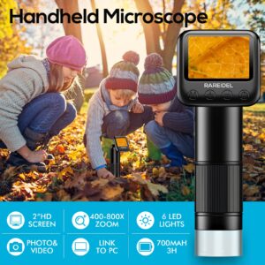 RAREIDEL Digital Microscope with 2" LCD Screen, 400X-800X HD Handheld Portable Pocket Microscope for Kids, Mini Coin Microscope Camera Magnifier, 6 LED Lights Adjustable, USB to PC