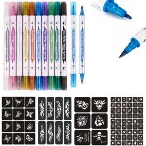 temporary tattoo markers for skin,10-count body markers+80 large tattoo stencils of assorted colors for kids and adults,dual-end tattoo pens bold and fine line with cosmetic-grade temporary tattoo ink