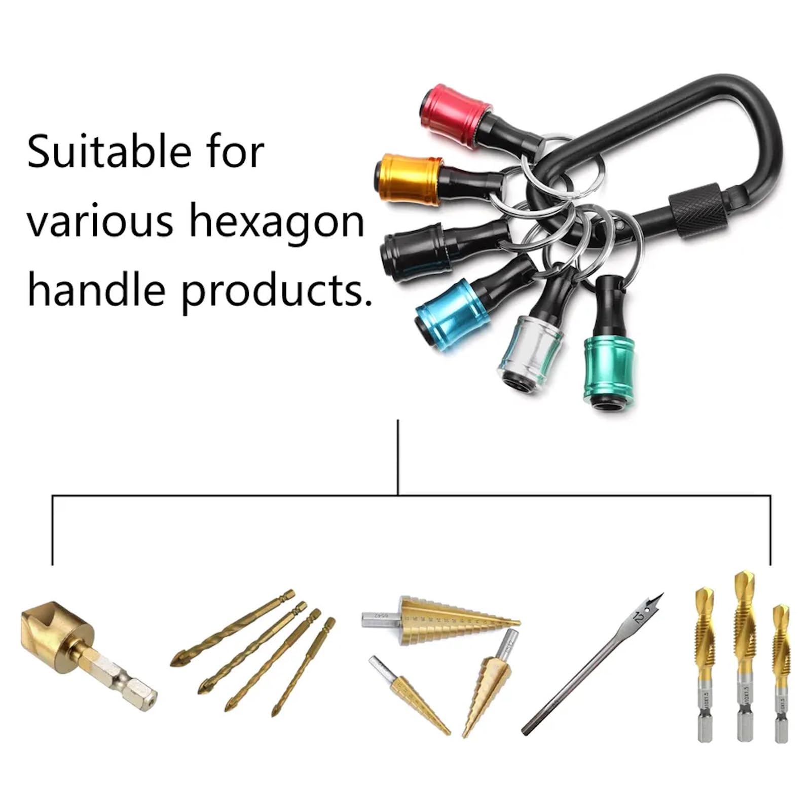 Bahagia 1/4 inch Hex Shank Bit Holder, 6pcs Quick Release Drill Bit Holder Keychain for Impact Driver, Portable Screwdriver Bits Holder, Aluminum Alloy, Color Coded - Gift for Men