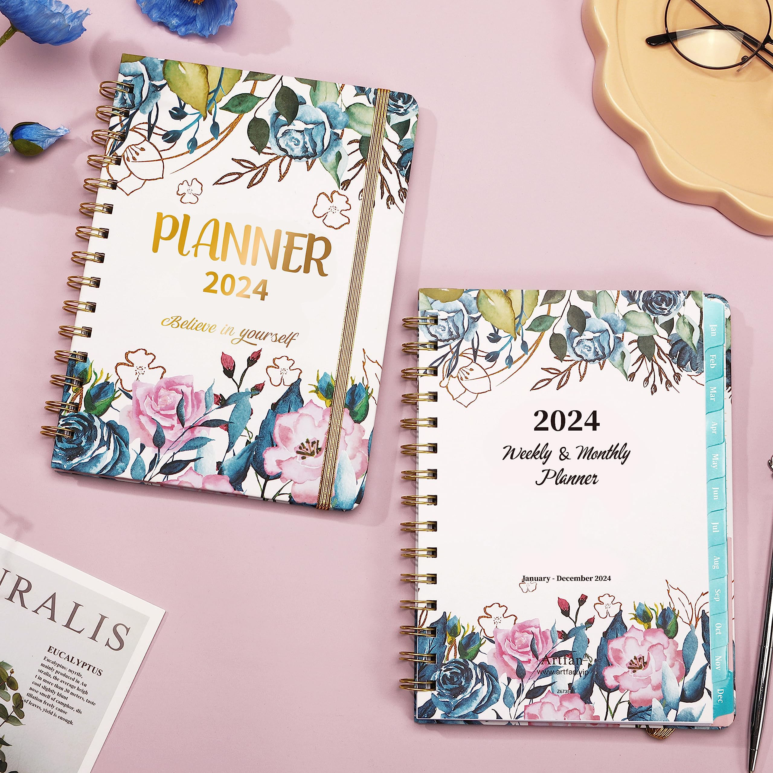 2024 Planner - Jan. 2024 - Dec. 2024 Planner 2024, Planner 2024, 2024 Planner Weekly and Monthly with Tabs, 6.4" x 8.5", Hardcover with Back Pocket + Thick Paper + Twin-Wire Binding - Flower