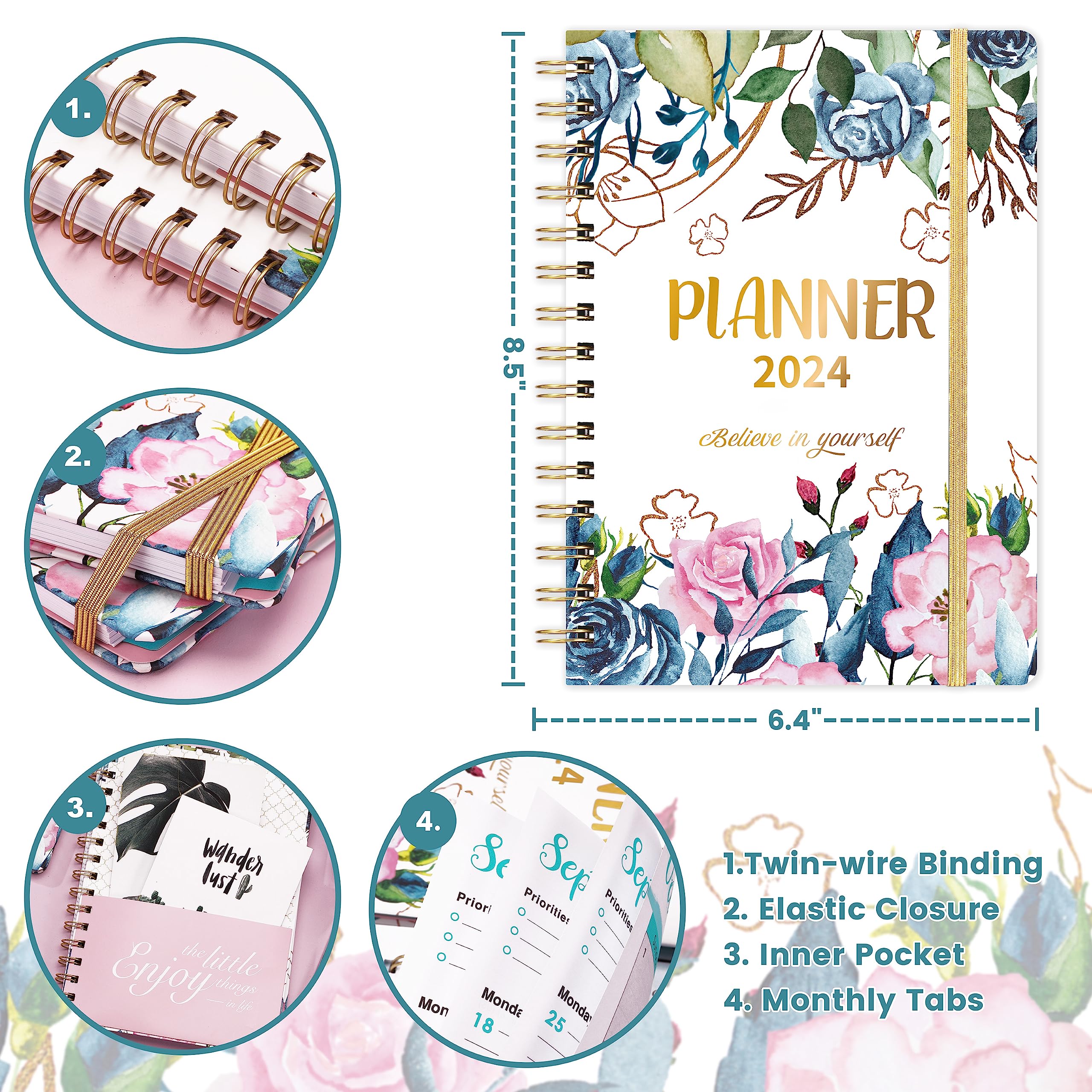 2024 Planner - Jan. 2024 - Dec. 2024 Planner 2024, Planner 2024, 2024 Planner Weekly and Monthly with Tabs, 6.4" x 8.5", Hardcover with Back Pocket + Thick Paper + Twin-Wire Binding - Flower