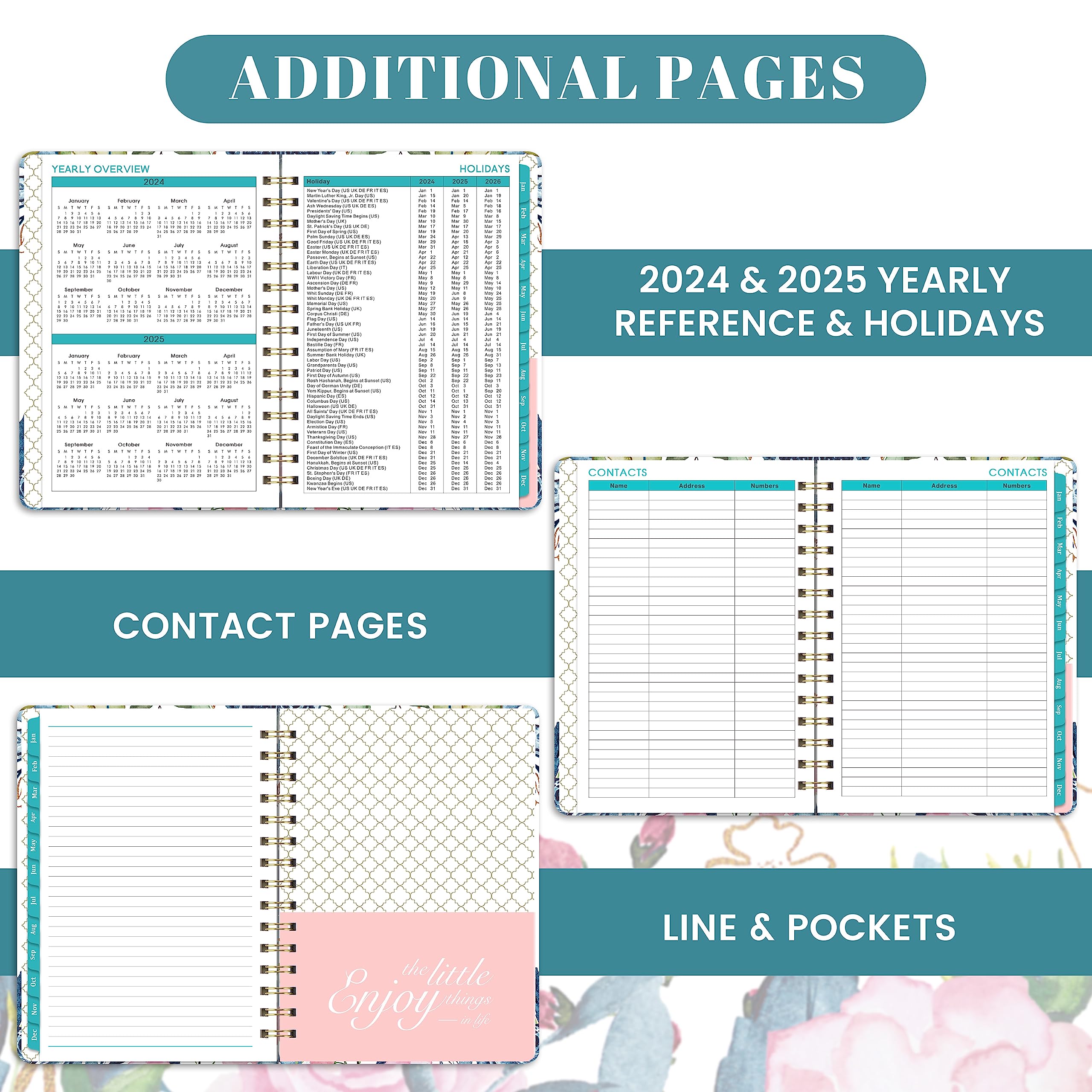 2024 Planner - Jan. 2024 - Dec. 2024 Planner 2024, Planner 2024, 2024 Planner Weekly and Monthly with Tabs, 6.4" x 8.5", Hardcover with Back Pocket + Thick Paper + Twin-Wire Binding - Flower