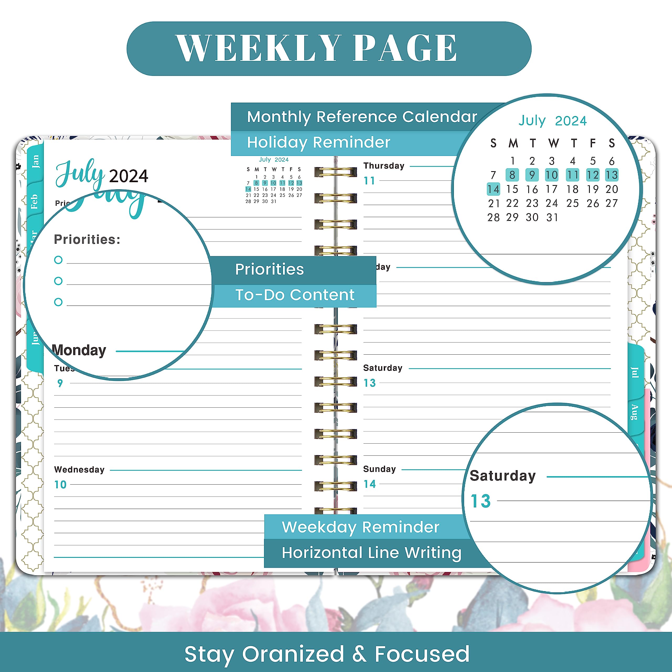 2024 Planner - Jan. 2024 - Dec. 2024 Planner 2024, Planner 2024, 2024 Planner Weekly and Monthly with Tabs, 6.4" x 8.5", Hardcover with Back Pocket + Thick Paper + Twin-Wire Binding - Flower