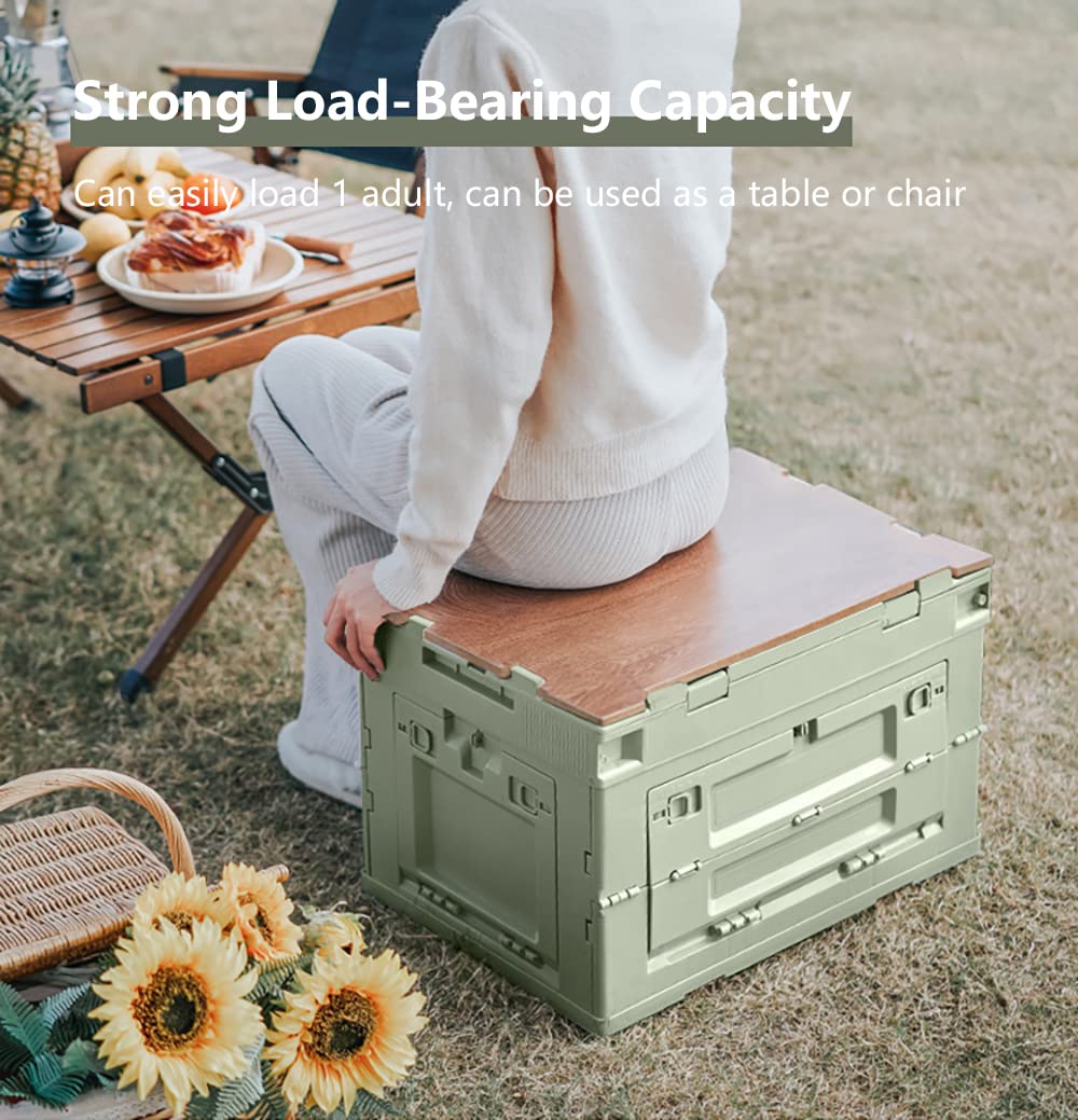VPTMRP 50L Large Capacity Camping Storage Box with Wooden Lid Foldable 3-Door Utility Box for Home Outdoor, Portable Camping Items Storage Bin