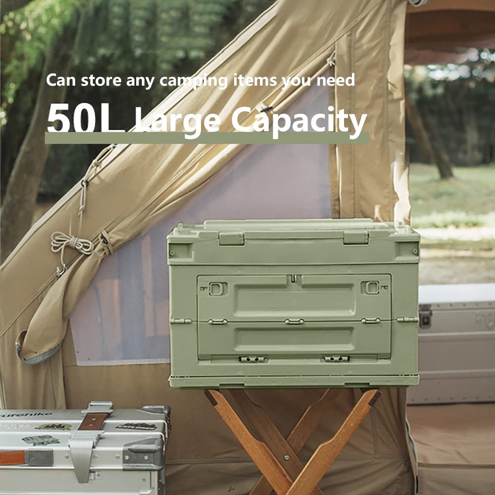 VPTMRP 50L Large Capacity Camping Storage Box with Wooden Lid Foldable 3-Door Utility Box for Home Outdoor, Portable Camping Items Storage Bin