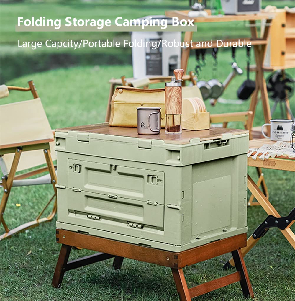 VPTMRP 50L Large Capacity Camping Storage Box with Wooden Lid Foldable 3-Door Utility Box for Home Outdoor, Portable Camping Items Storage Bin