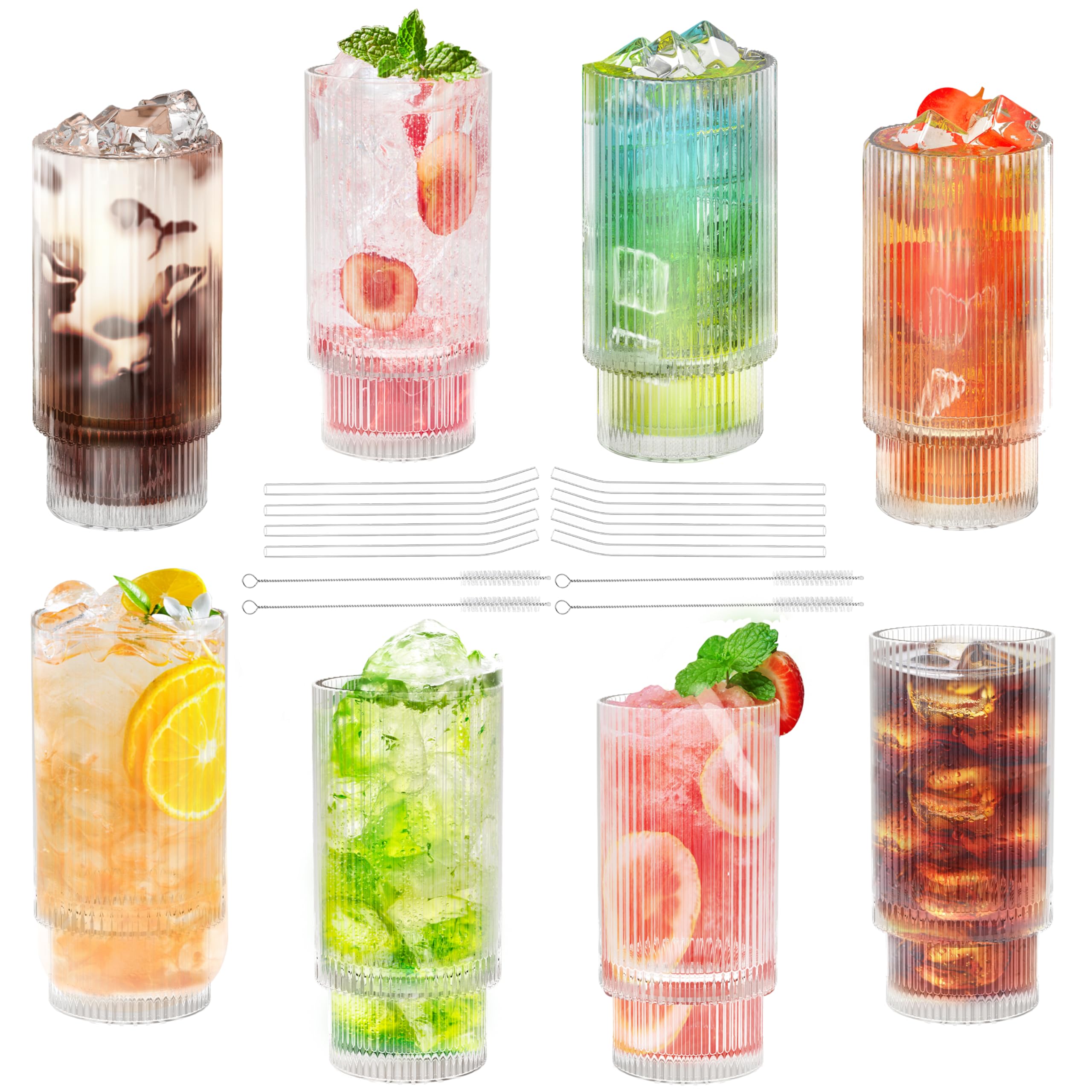 Harmin Ribbed Glassware Set of 8, Drinking Glass Cups with Straws, 12oz Vintage Highball Glass Cute Iced Coffee Cups, Ideal Christmas Gifts for Friends, Family