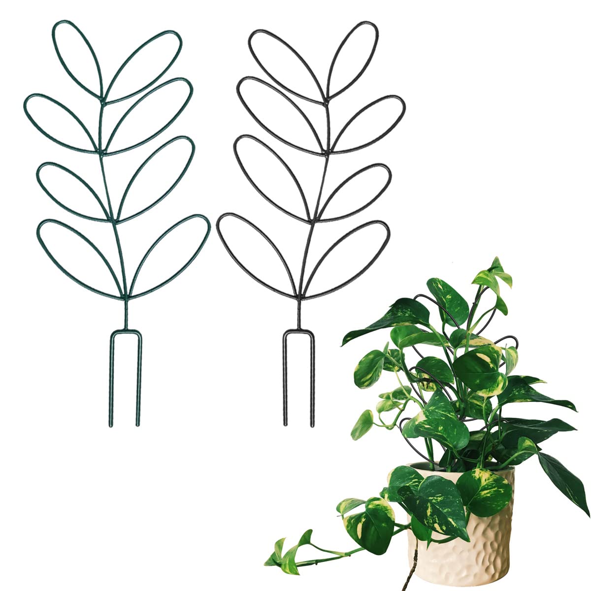 2Pack Indoor Plant Trellis Metal Wire Garden Trellis ，Small Climbing Leaf Shape Trellis for Garden Potted Plant Houseplant(Blackish Green)