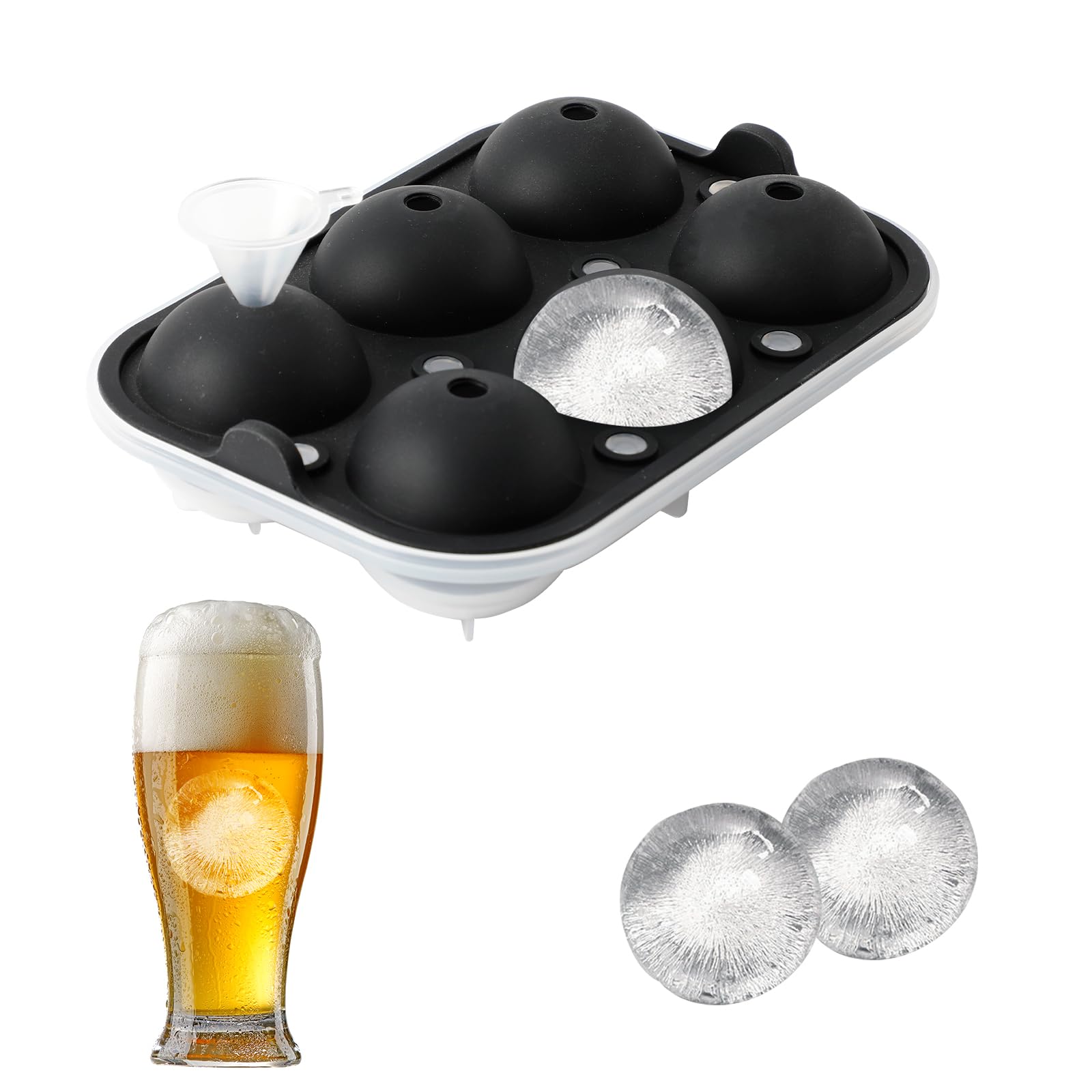 Ice Ball Maker Mold, Reusable Silicone Ball Ice Cube Mold, Sphere Ice Cube Mold with Funnel for Whiskey, Cocktails, Homemade, Keep Drinks Chilled(Black)