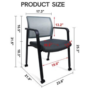 CLATINA Mesh Back Guest Reception Arm Chairs with Wheels, Waiting Room Chairs with Upholstered Fabric Seat and Ergonomic Lumbar Support for Office Conference School Church Grey