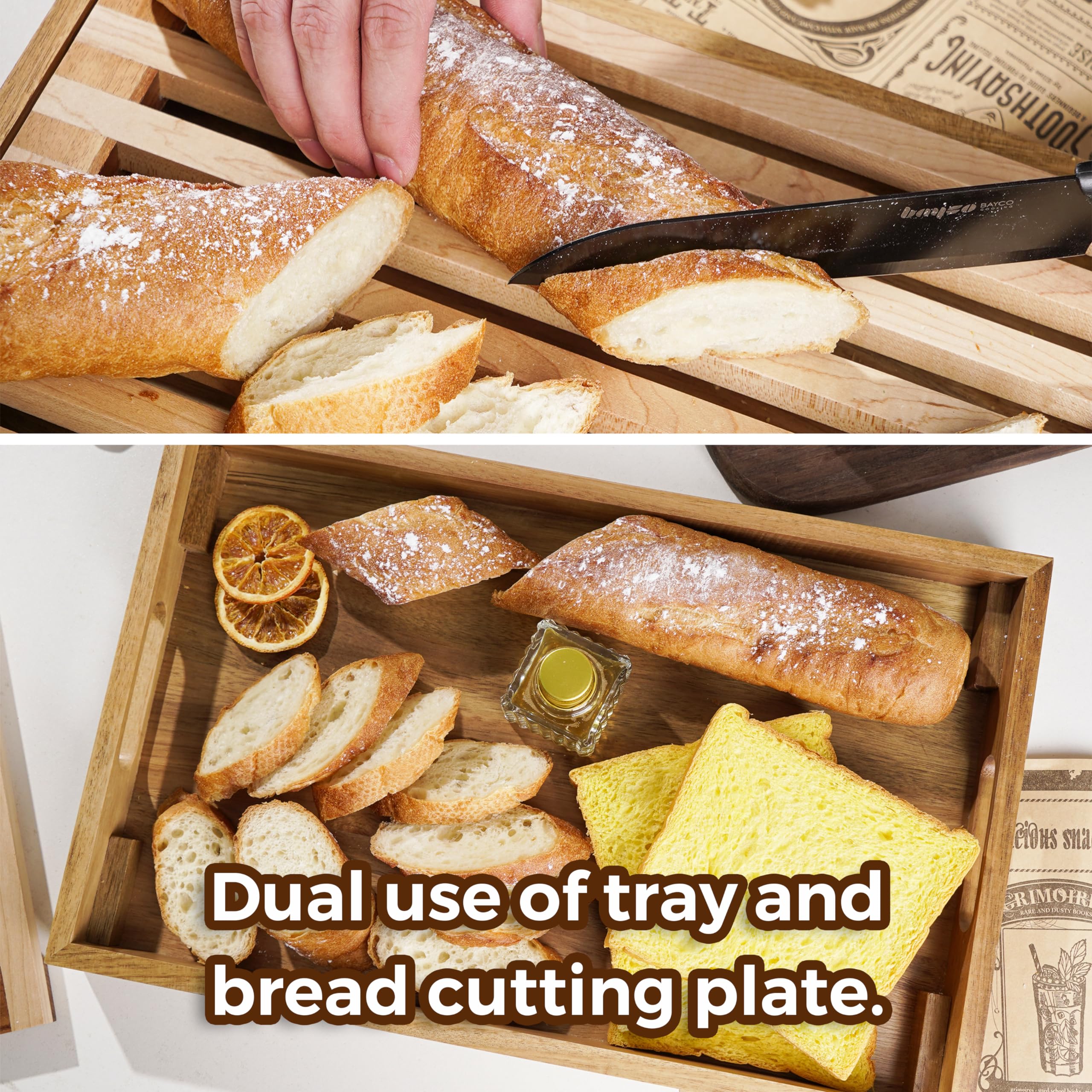 Nuvograin Wood Bread Cutting Board, Bread slicer,Crumb Tray with holder,Bread Serving Tray for Kitchen,Color combination design,Bread, Cake, Bagels, 9.53” Wide x 1.46"Tall