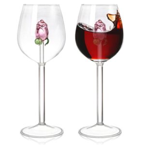 pumtus 2 pack wine glasses with rose inside, 10 oz creative stemmed drinking goblet, unique romantic flower wine glassware, classic stemware beverage cup drinkware for wedding, party, dinner, bar