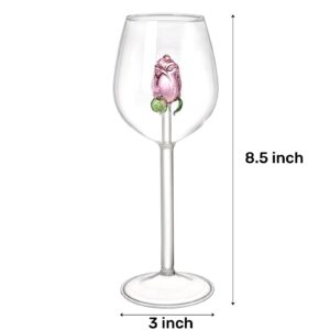 Pumtus 2 Pack Wine Glasses With Rose Inside, 10 OZ Creative Stemmed Drinking Goblet, Unique Romantic Flower Wine Glassware, Classic Stemware Beverage Cup Drinkware for Wedding, Party, Dinner, Bar