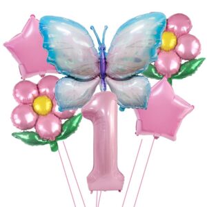 Butterfly Balloon 1st Birthday Decorations,Pink Blue Butterfly Fairy Floral Foil Balloons for Girl First Birthday Party Decorations Baby Shower Supplies…