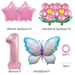 Butterfly Balloon 1st Birthday Decorations,Pink Blue Butterfly Fairy Floral Foil Balloons for Girl First Birthday Party Decorations Baby Shower Supplies…