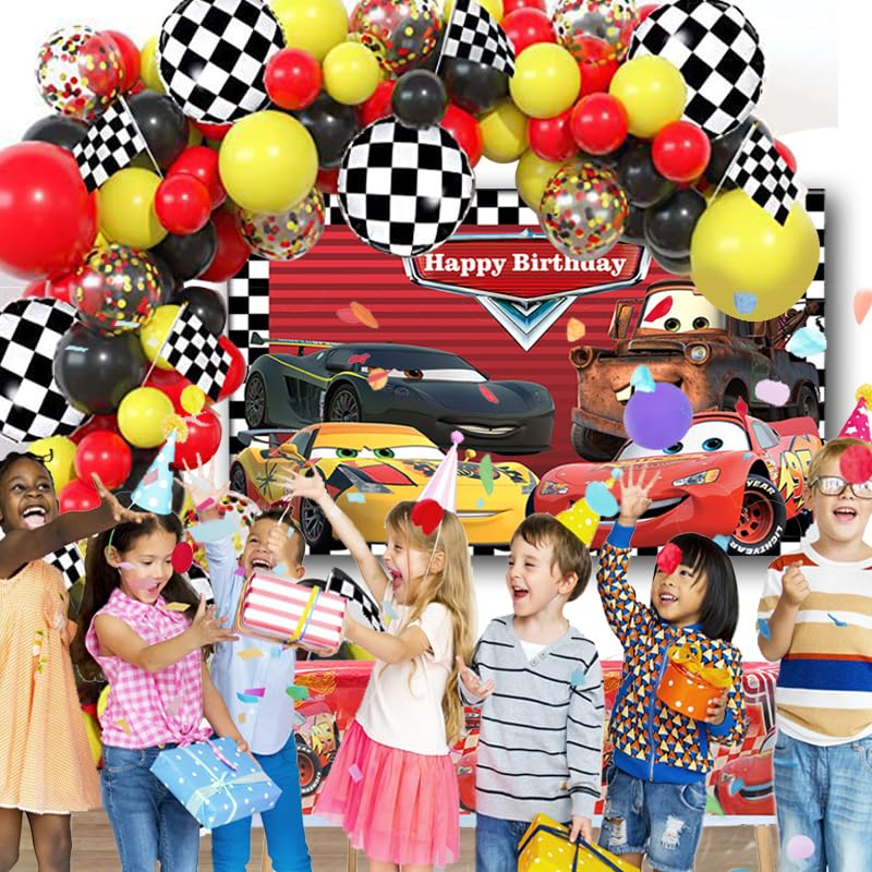 Lnkdeya Race Cars Birthday Party Decoration-144Pcs Racing Cars Checked Balloon Garland Kit Cars Banner Racing Backdrop Tablecloth