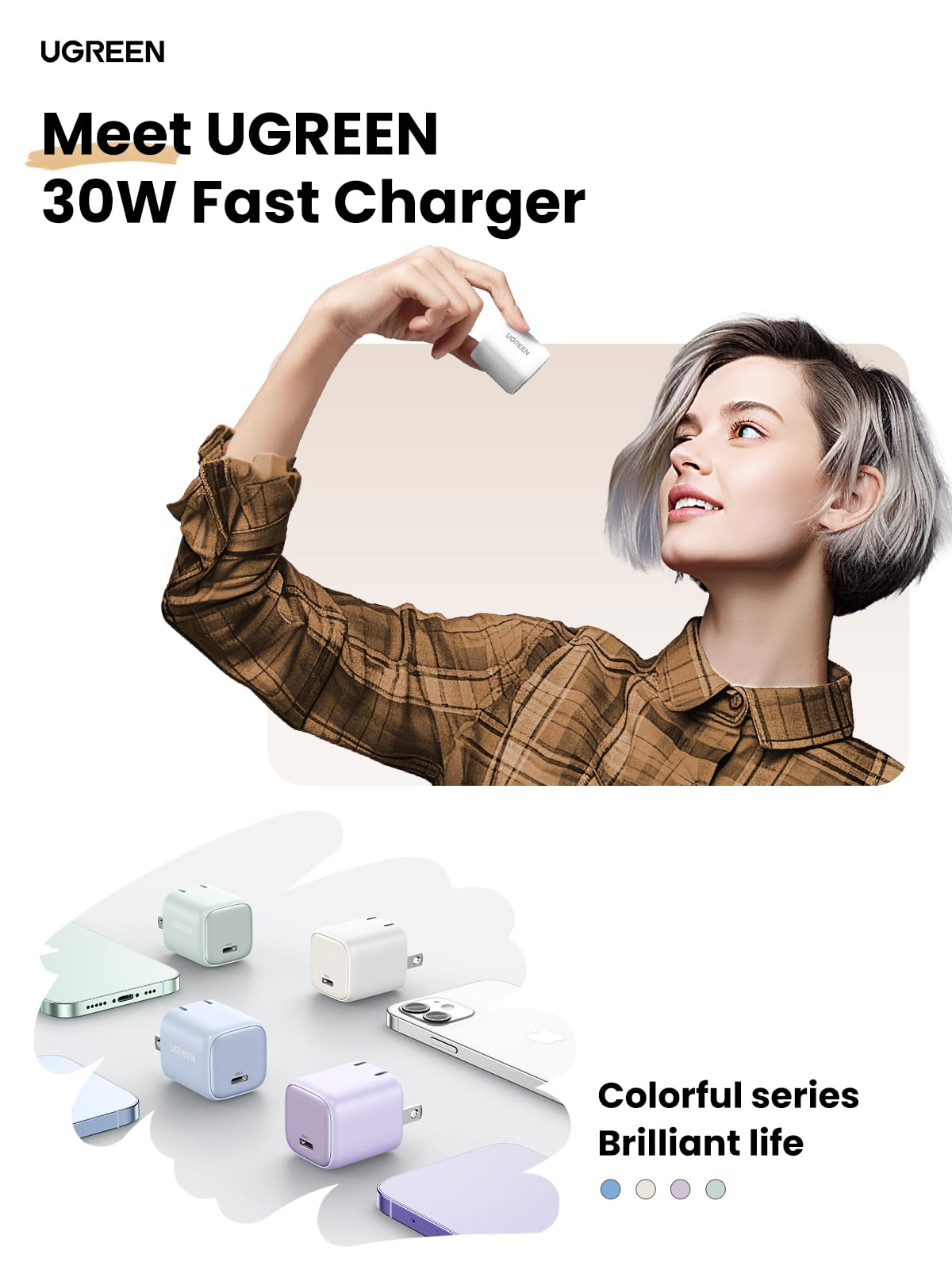 UGREEN 30W USB C Charger, Nexode Foldable GaN PPS Compact Fast Wall Charger Block, USB-C Power Adapter for iPhone 15 Pro Max/14/13, Galaxy S23 Ultra, Google Pixel 7, MacBook Air, iPad Pro (White)