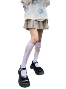 sahabowi white pearl flower handcraft calf socks for women, nylon silk high knee stockings, elastic stretch thin(hs2023042407white, 1pair)
