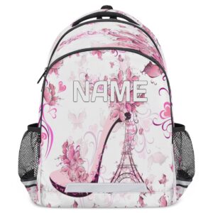 OMFUNS Eiffel Tower Floral Custom Name School Backpack for Boy Girl Teen Paris High Heels Personalized Student Bookbag for Primary Junior College Customized Laptop Backpack for Men Women