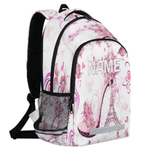 OMFUNS Eiffel Tower Floral Custom Name School Backpack for Boy Girl Teen Paris High Heels Personalized Student Bookbag for Primary Junior College Customized Laptop Backpack for Men Women