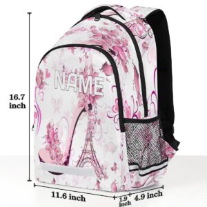 OMFUNS Eiffel Tower Floral Custom Name School Backpack for Boy Girl Teen Paris High Heels Personalized Student Bookbag for Primary Junior College Customized Laptop Backpack for Men Women