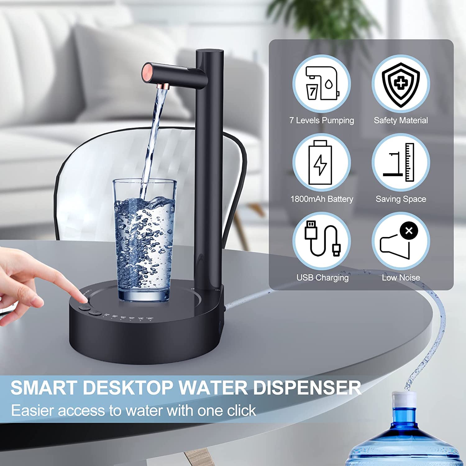 Water Dispenser for 5 Gallon Bottle, Smart 7 Levels Desktop Water Bottle Dispenser for 5 Gallon & Universal Bottles, USB Charging Automatic Water Jug Dispenser for Home, Office and Outdoor