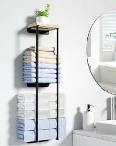 towel racks for bathroom, 2 tier wall towel holder with wood shelf, metal wall towel rack mounted towel storage for small bathroom （black