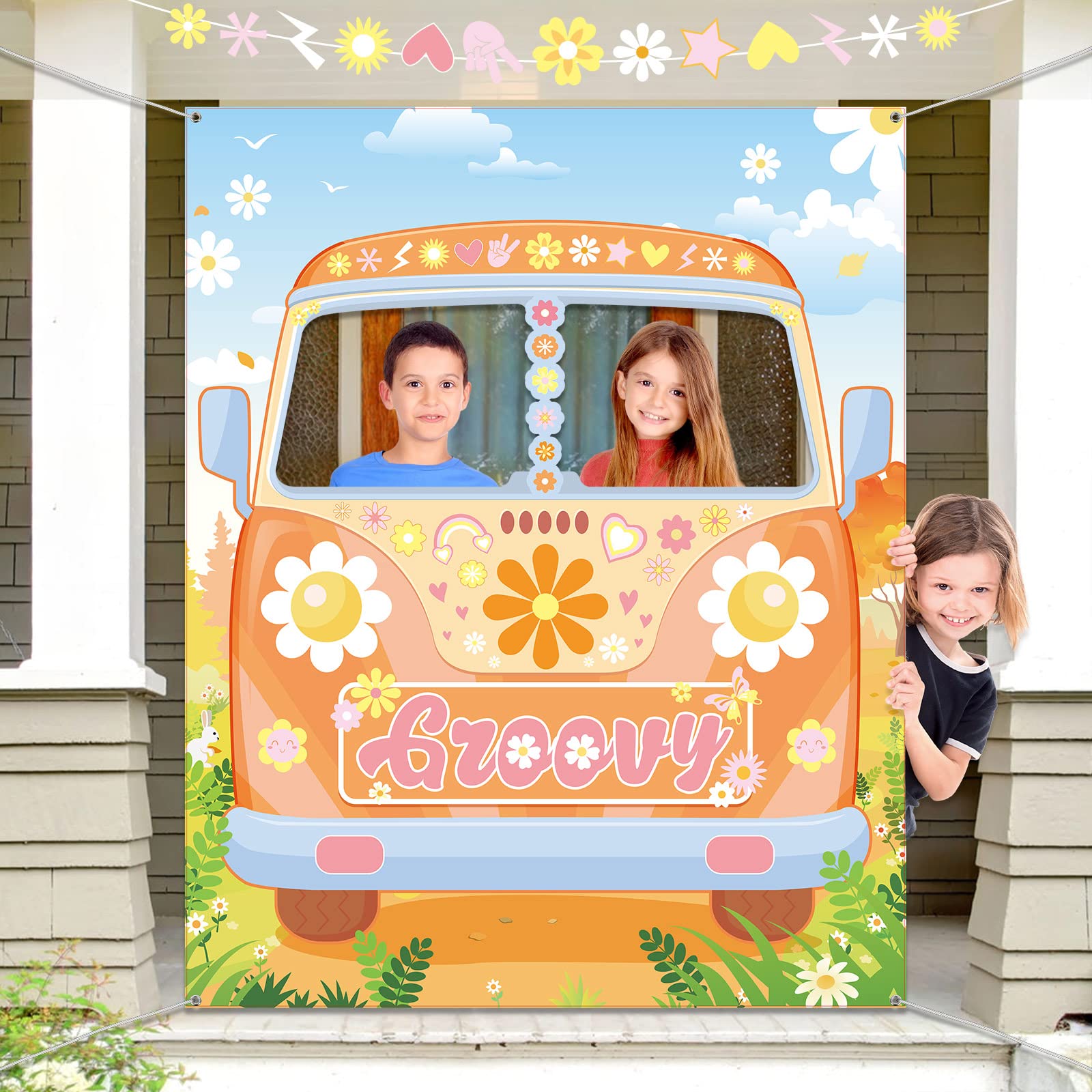 Hippie Bus Photo Prop, Groovy Birthday Party Decorations Large Fabric Hippie Bus Photo Door Banner Background Funny Selfie Frame Backdrop for 60's 70's Party Favors, 59 x 47.2 Inch (Cute Style)