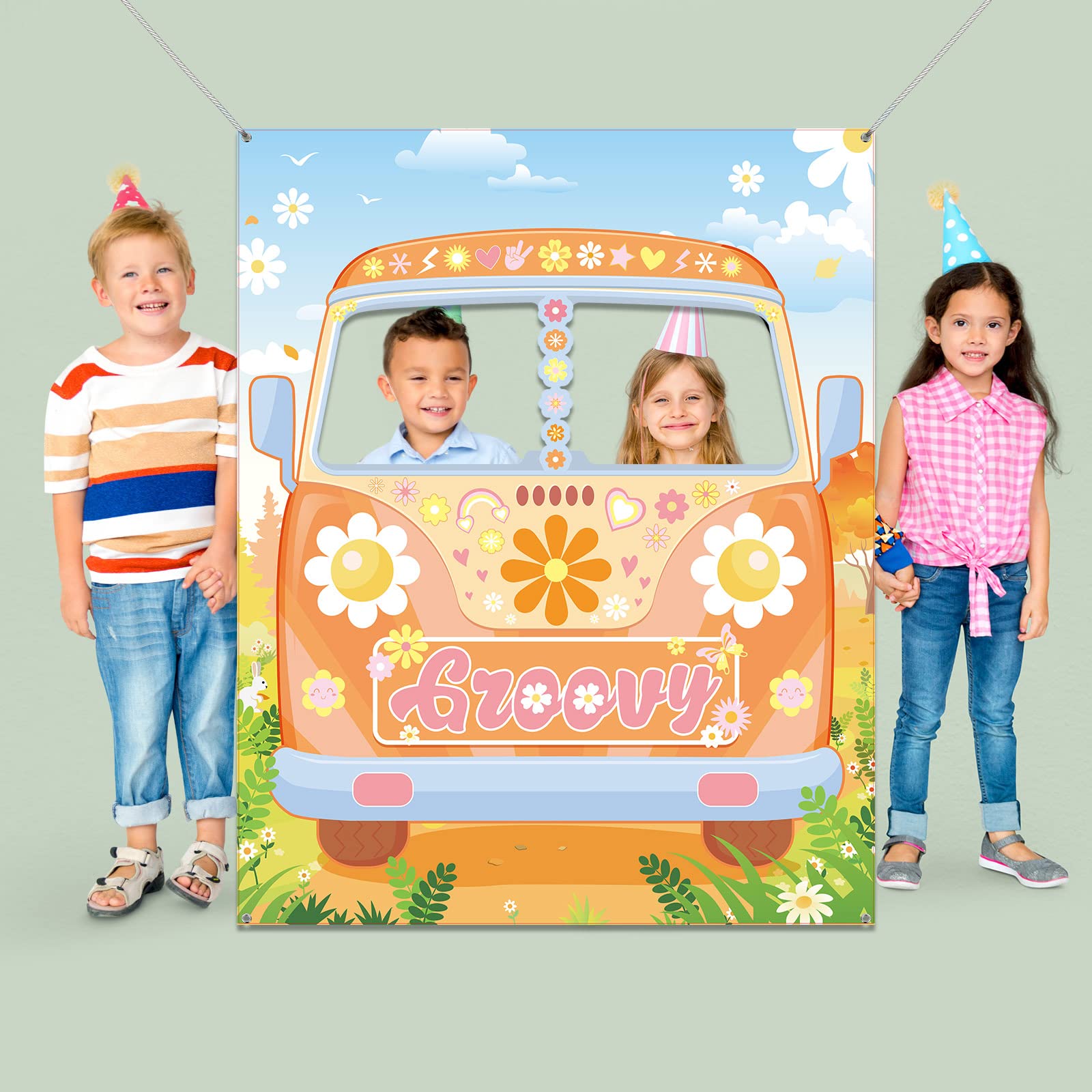 Hippie Bus Photo Prop, Groovy Birthday Party Decorations Large Fabric Hippie Bus Photo Door Banner Background Funny Selfie Frame Backdrop for 60's 70's Party Favors, 59 x 47.2 Inch (Cute Style)