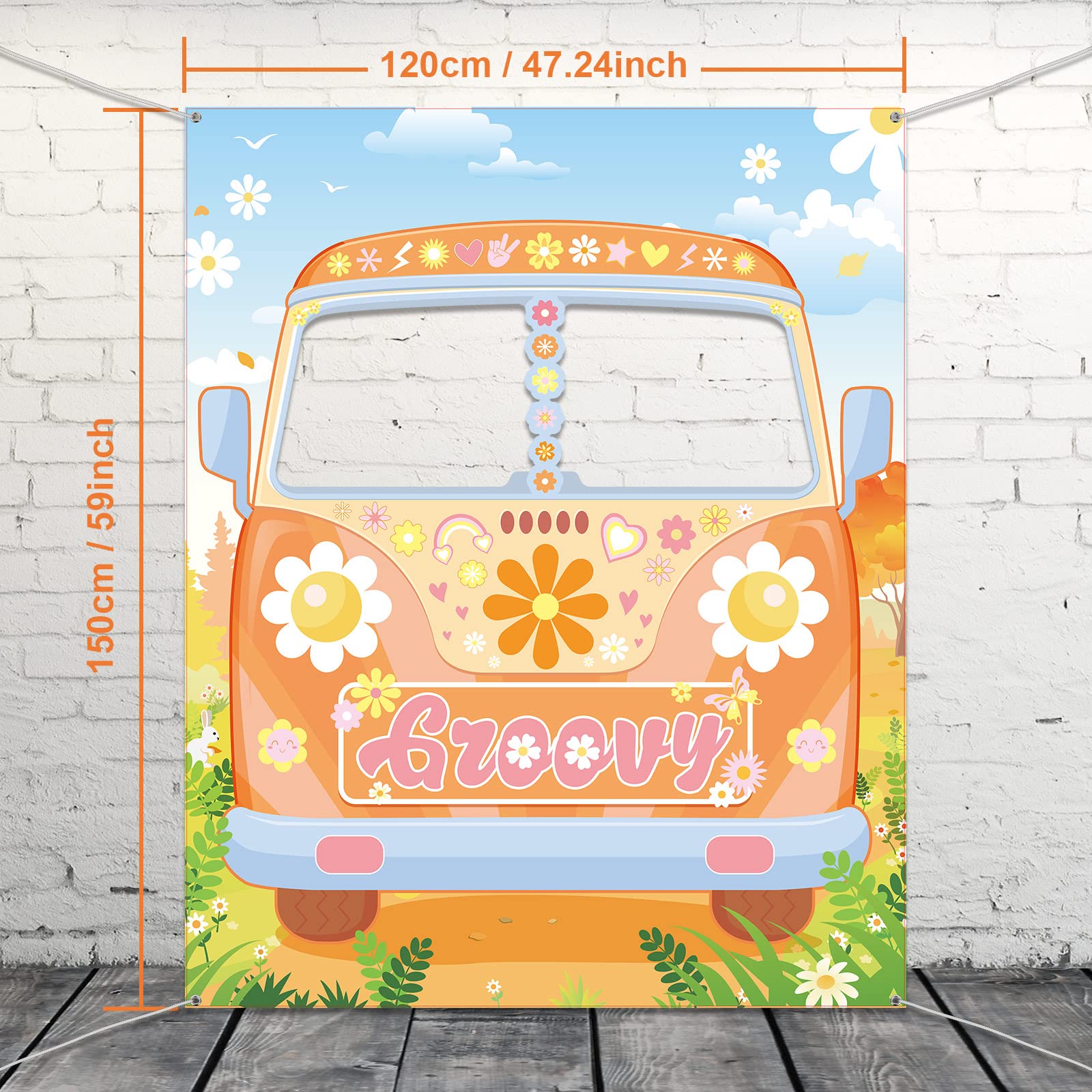 Hippie Bus Photo Prop, Groovy Birthday Party Decorations Large Fabric Hippie Bus Photo Door Banner Background Funny Selfie Frame Backdrop for 60's 70's Party Favors, 59 x 47.2 Inch (Cute Style)