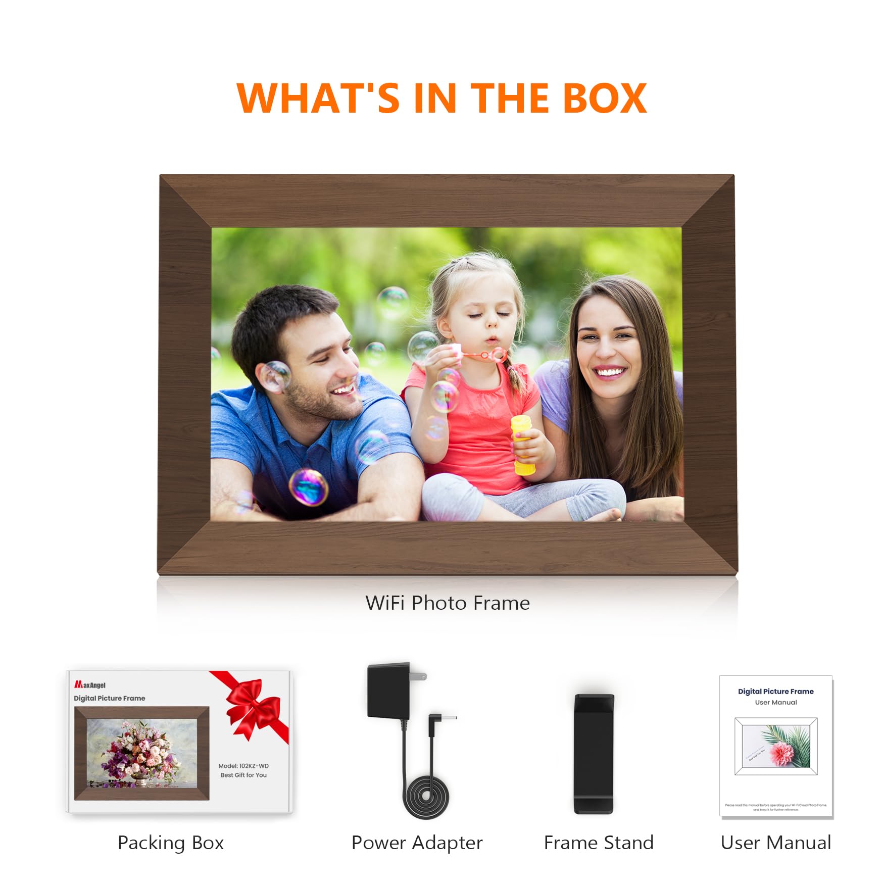 MaxAngel Digital Photo Frame 10.1 Inch WiFi Electronic Picture Frame Desktop IPS Touch Screen HD Display 32GB Storage SD Card Slot Auto-Rotate Slideshow Share Videos Photos Remotely Via Uhale App