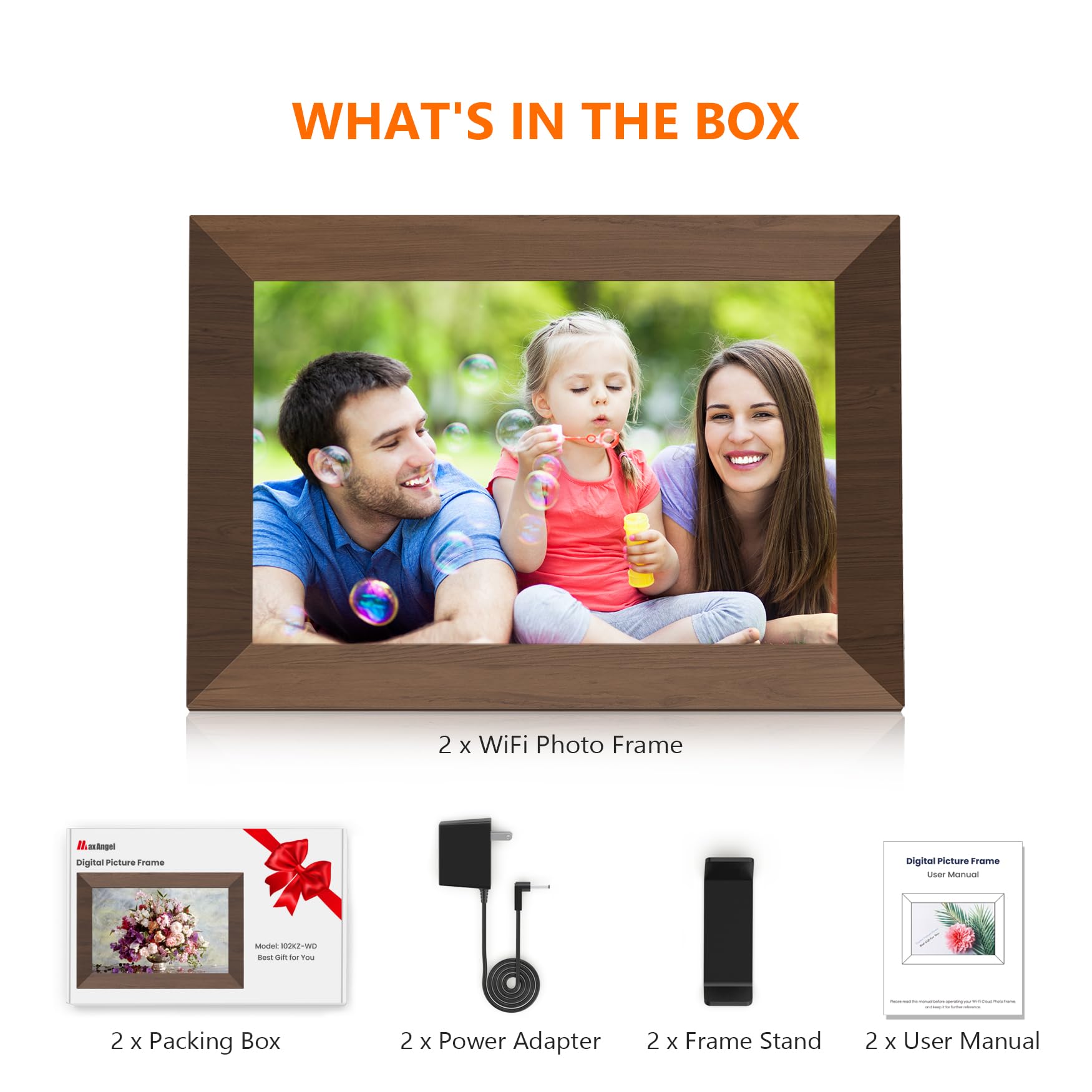 MaxAngel 2 Pack Digital Photo Frame 10.1 Inch WiFi Electronic Picture Frame IPS Touch Screen HD Display 32GB Storage SD Card Slot Auto-Rotate Slideshow Share Videos Photos Remotely Via Uhale App