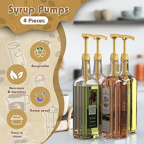 Neosoge Coffee Syrup Pump Dispenser, 4 Packs of Syrup Pump for 750ml/25.4 oz Syrup Bottle, Gold Pumps for Coffee Syrup Bottle, works with Torani, DaVinci, Jordans Skinny 750ml Syrups Bottles (Gold)