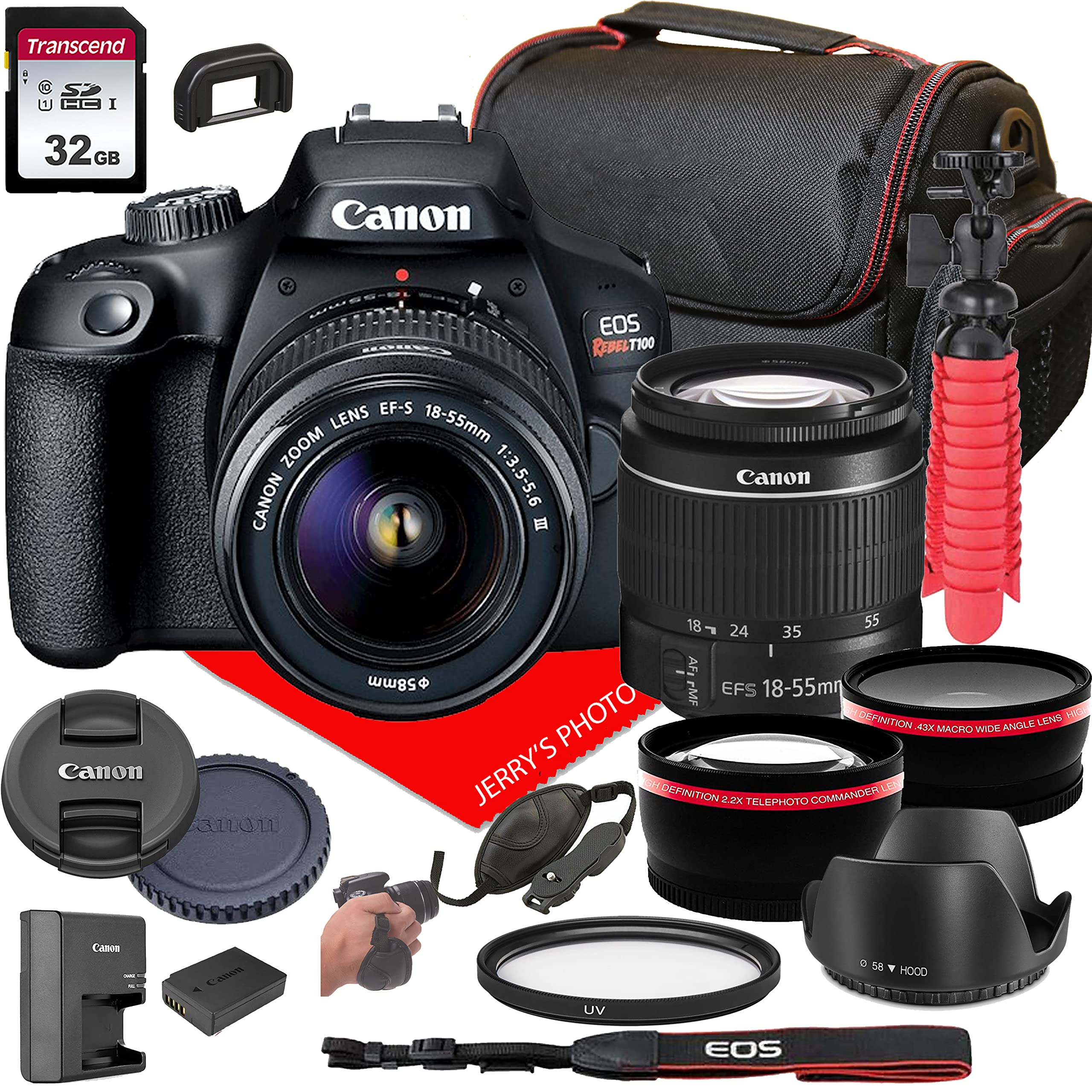 Canon EOS Rebel T100 DSLR Camera w/ 18-55mm F/3.5-5.6 Zoom Lens + Macro + Telephoto + More (18pc Bundle)