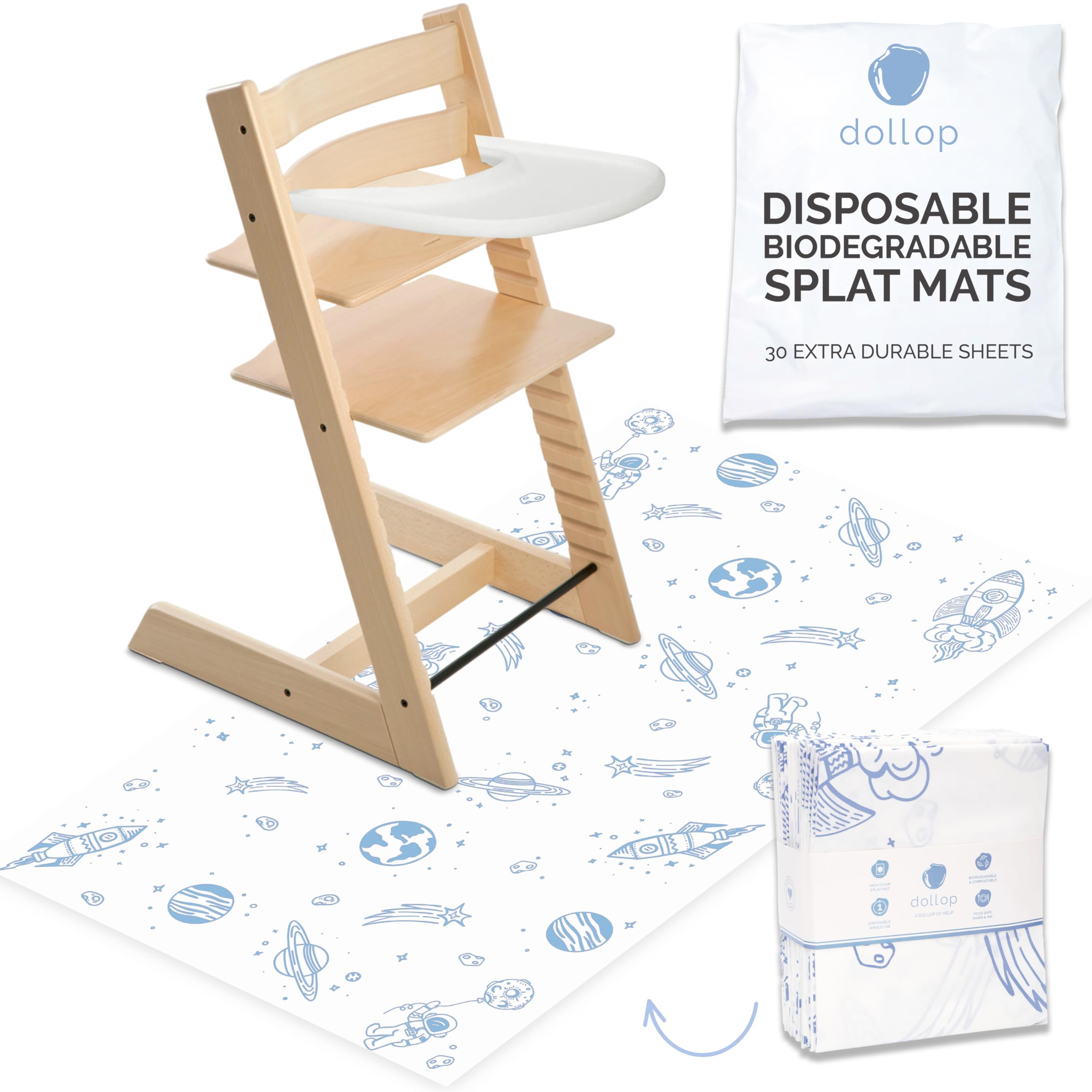 Disposable Splat Mats | Biodegradable + Compostable | 30 Count | Under Highchair Splat Mat for Floor | Liquid Resistant | Durable | dollop (Blue Out of This World)