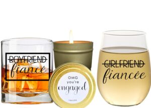 engagement gift set for couples - boyfriend and girlfriend wine and whiskey glass with candle - fiance fiancee gift for him and her - his and hers with vanilla scented candle for mr and mrs