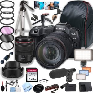 canon eos r8 mirrorless camera with rf 24-105mm f/4l is usm lens + 128gb memory + led video light + microphone + back pack + steady grip pod + tripod + filters + software + more (36pc bundle)