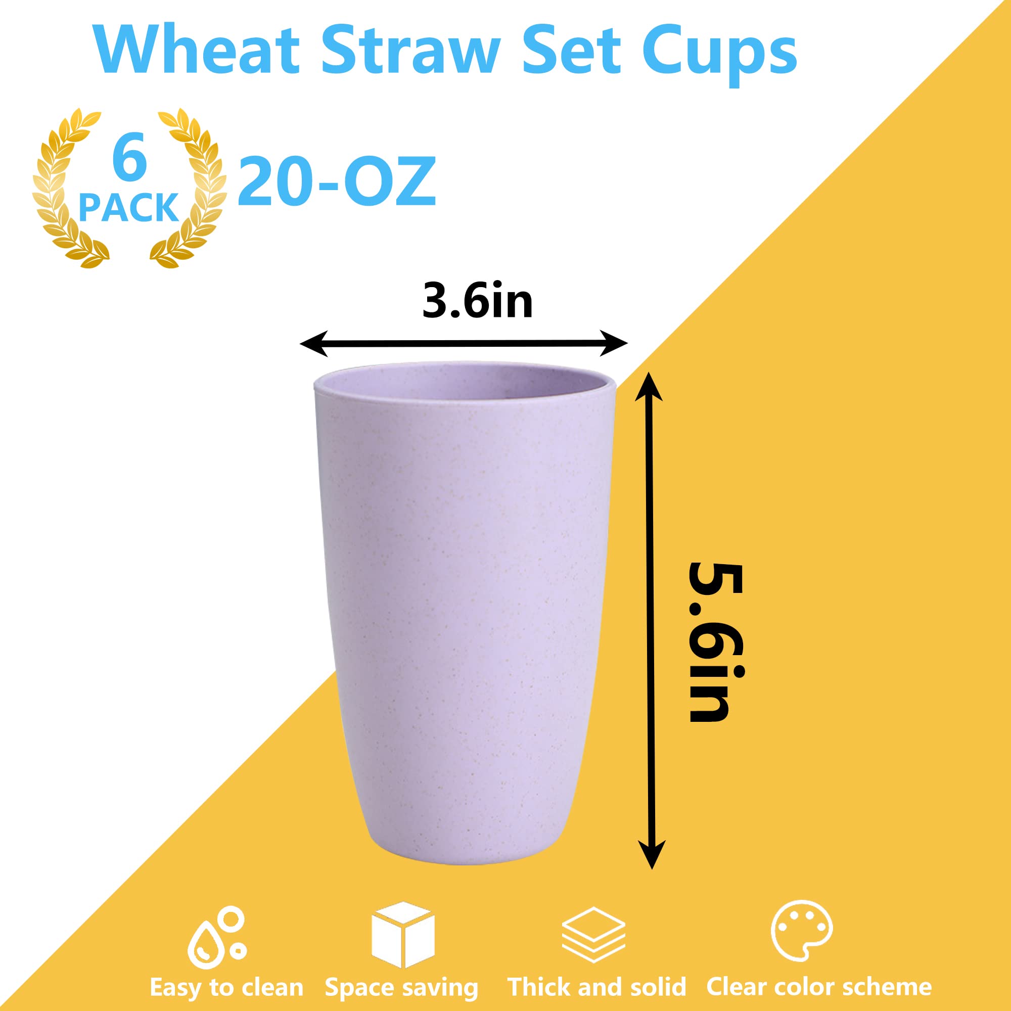 Numkey 20 oz [set of 6] Wheat Straw Cups Plastic Cups Reusable Unbreakable Drinking Cups Dishwasher Safe Water Glasses BPA Free cup Set For Kitchen, Camping, Party (Multicolor)