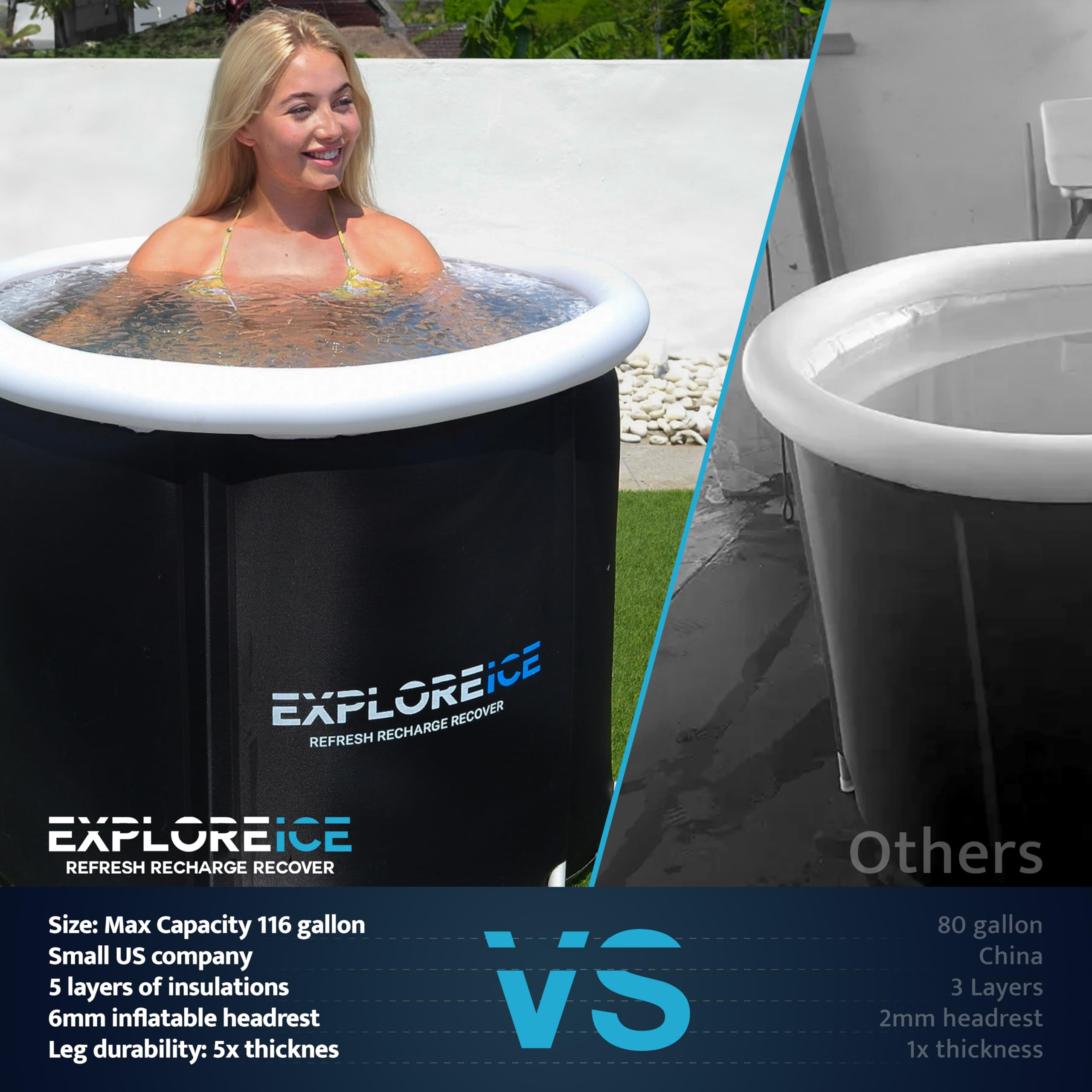 Explore Ice Bath Tub for Athletes [USA OWNED BUSINESS] - Extra Large Cold Tub, Premium Cold Plunge Tub Outdoor, Portable Ice Bath, Ice Barrel Cold Therapy Bath - Pro Max…(White/Black)