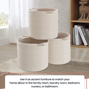 Ornavo Home 3 Pack Woven Cotton Rope Storage Shelf Basket with Handles, Closet Shelf Storage Fits 12" inch Cube - 11x11x11 - Cream