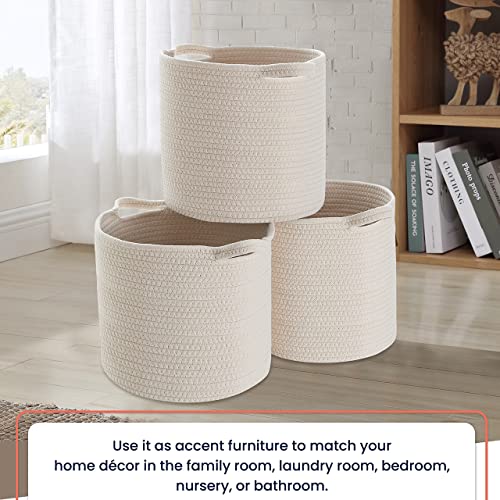 Ornavo Home 3 Pack Woven Cotton Rope Storage Shelf Basket with Handles, Closet Shelf Storage Fits 12" inch Cube - 11x11x11 - Cream