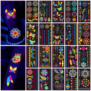 160 pcs glow in the dark temporary tattoos - neon uv blacklight reactive light face flash tattoo stickers,festival accessory party favors supplies,temp great for edm edc party rave parties 20 sheet