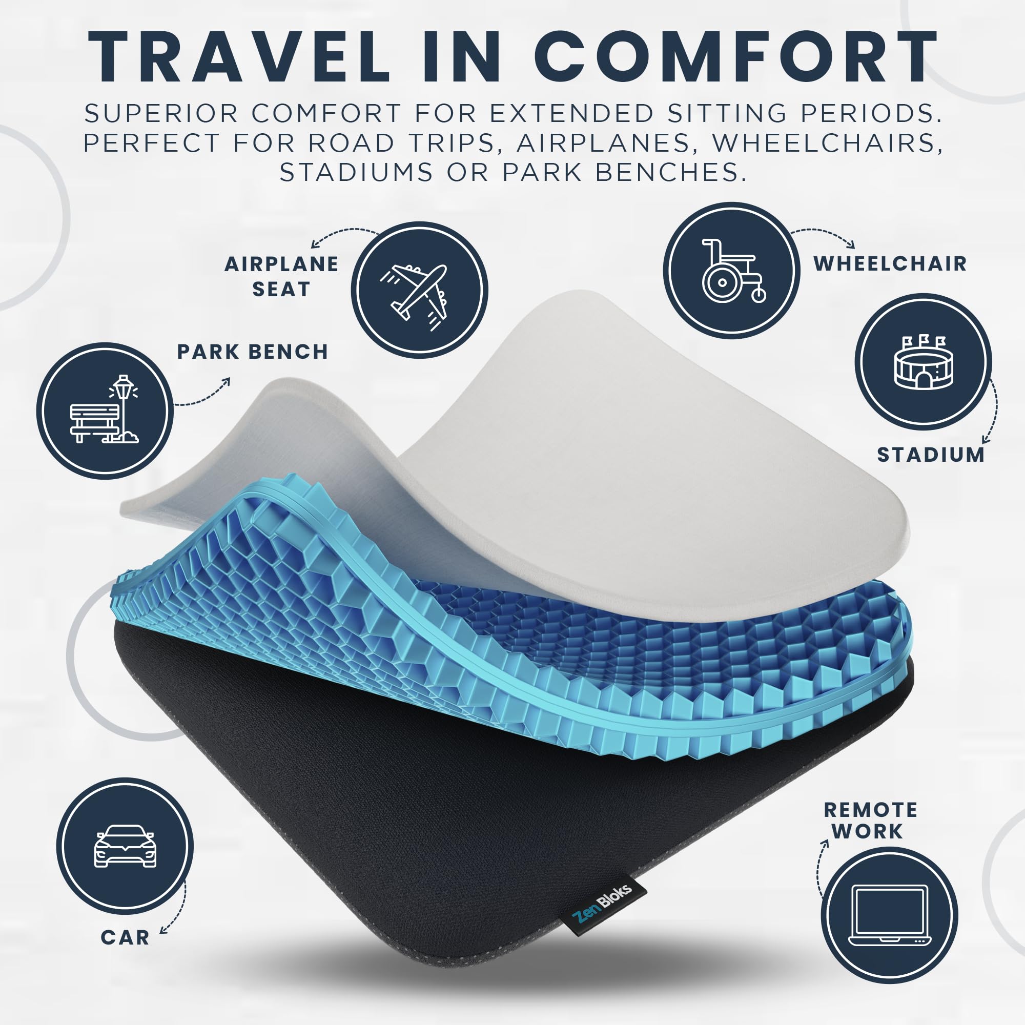Zen Bloks XL Extra Thick Gel Seat Cushion for Pressure Relief, Tailbone, Sciatica, Coccyx, and Hip Pain Relief - Non-Slip for Wheelchairs, Office Chairs, Car Seat for Driving (20"x20"x2")