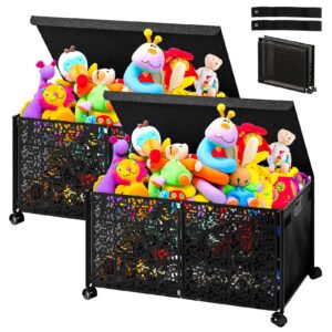【upgraded】toy box storage with wheels,70l large capacity toy storage organizer,multi-function storage bins with lids made of robust metal,foldable and easy to assemble,toy box for girls boys