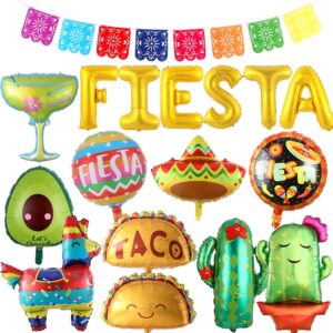 Fiesta Balloons for Fiesta Party Decorations,17PCS Cinco De Mayo Balloons Taco Cactus Llama Avocado Balloons Mexican Party Papel Picado Banner for Fiesta Taco Luau Party Decorations (Foil Balloons)