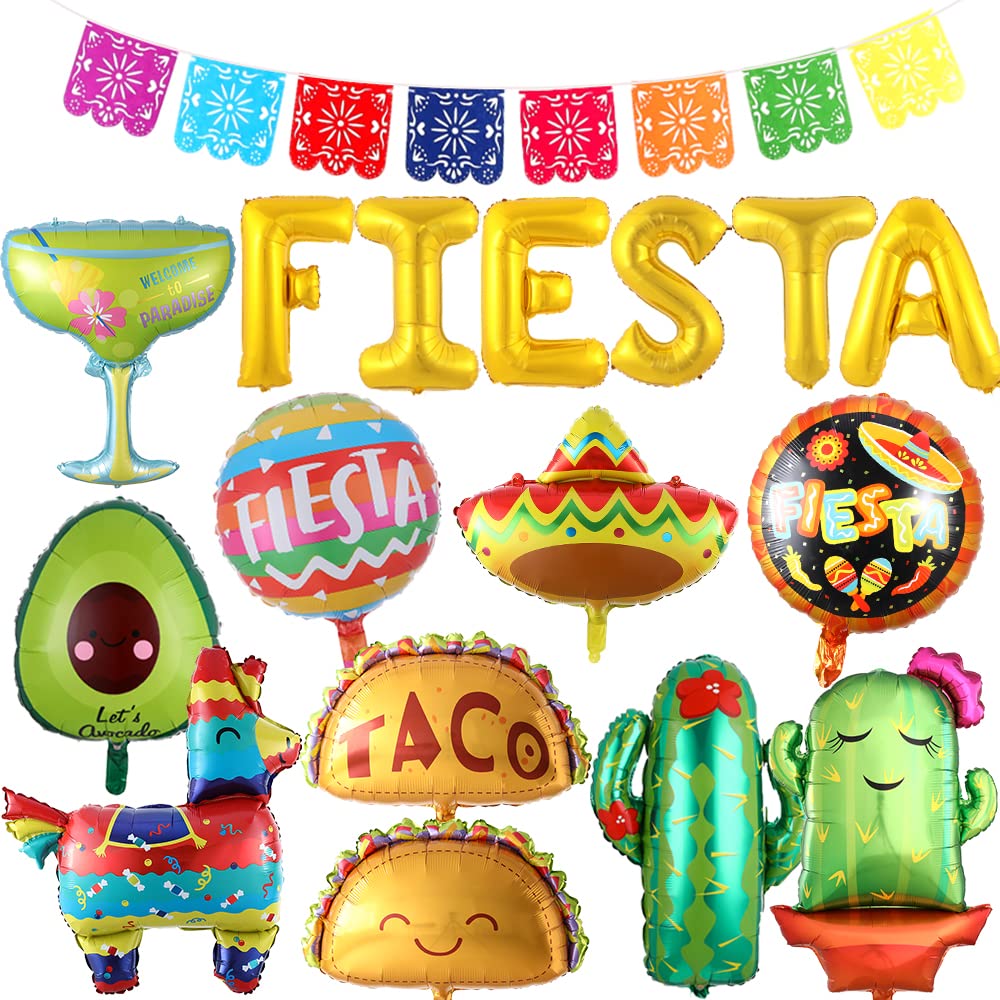 Fiesta Balloons for Fiesta Party Decorations,17PCS Cinco De Mayo Balloons Taco Cactus Llama Avocado Balloons Mexican Party Papel Picado Banner for Fiesta Taco Luau Party Decorations (Foil Balloons)